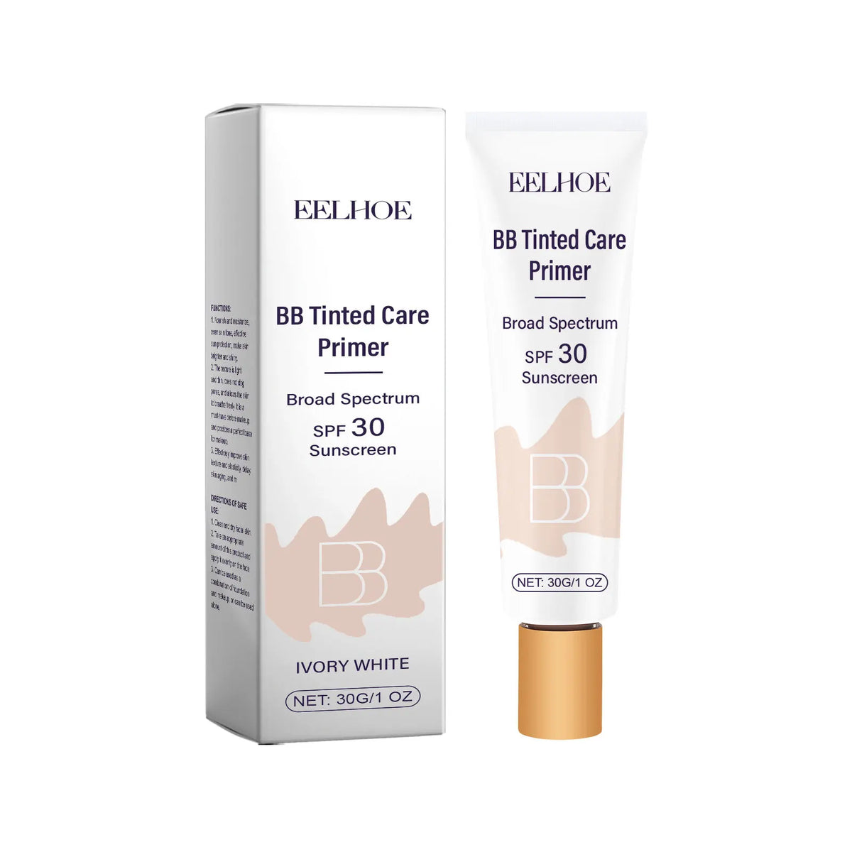 EELHOE BB Tinted Care Primer i Ivory White emballasje og tube med SPF 30 solkrem