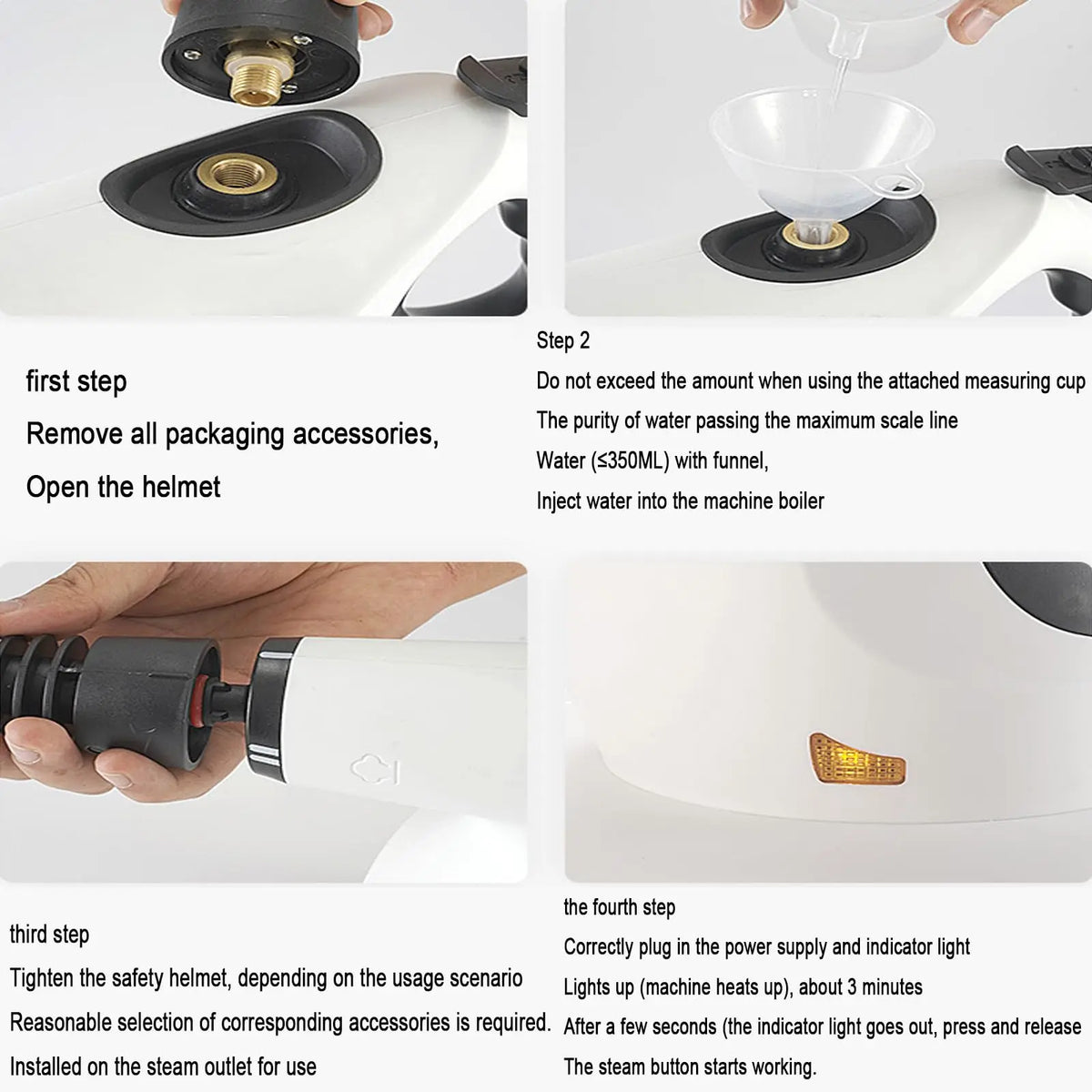 A portable handheld steam cleaner is shown with various accessories and a measuring cup being used for cleaning.