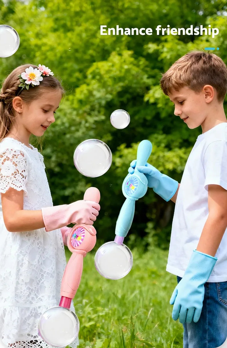 A girl and a boy are playing with a pink smoke bubble wand and clear bubbles outdoors.