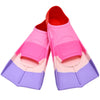 A pair of pink and purple silicone swimming flippers for snorkeling and pool training.