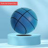 A blue ball with black stripes is displayed on a light blue stand.