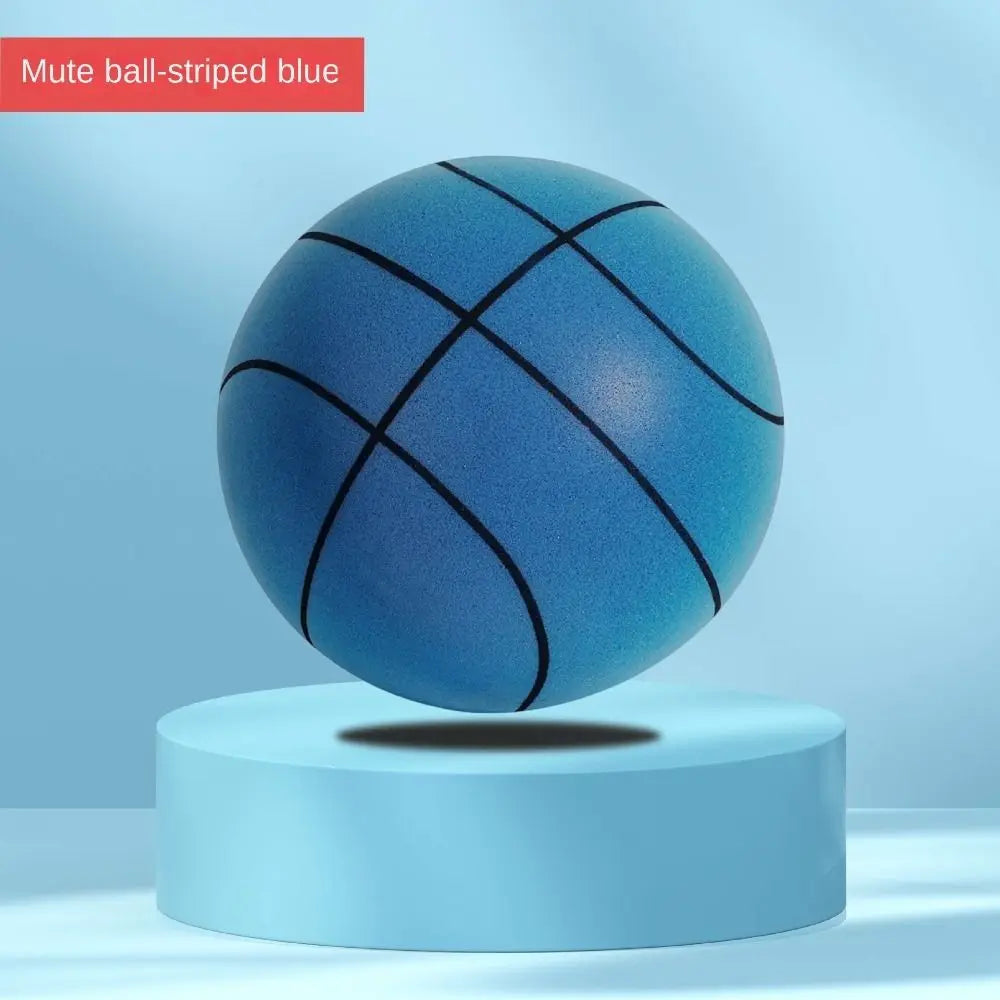 A blue ball with black stripes is displayed on a light blue stand.