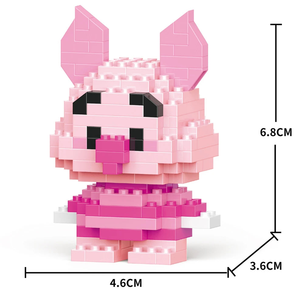 A pink rabbit figurine made of micro building blocks, showing its size and detail.