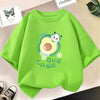 A bright lime green kids t-shirt featuring a cute avocado fruit graphic.