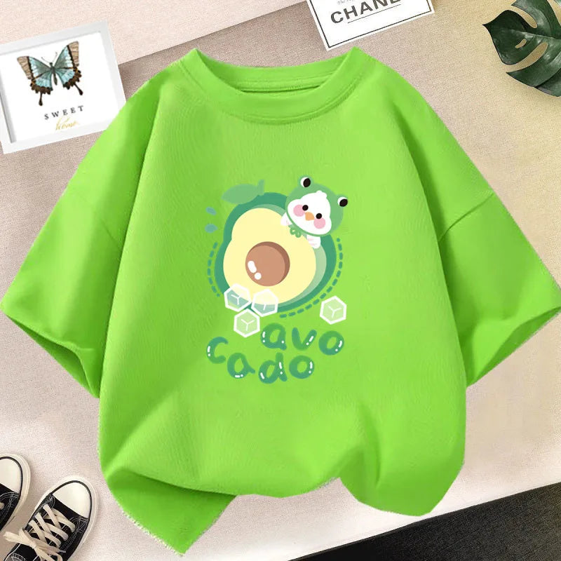 A bright lime green kids t-shirt featuring a cute avocado fruit graphic.