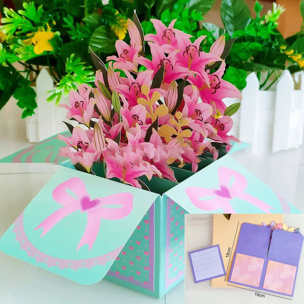 A pink and green 3D pop-up love tree card with a couple silhouette design.