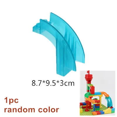 A translucent blue plastic marble run building block set with tracks and funnels