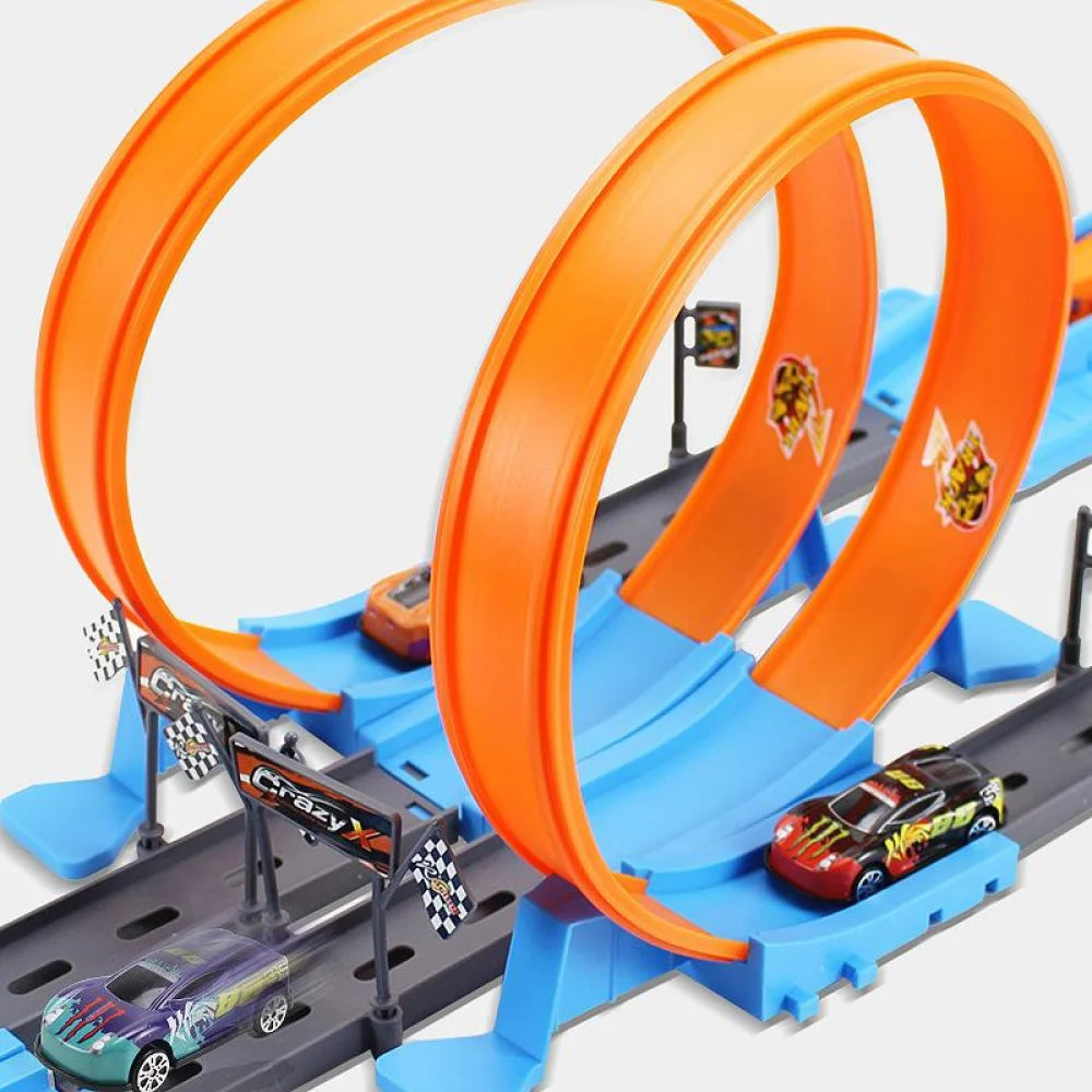 An orange and blue DIY stunt car racing track set with launchers and miniature cars.