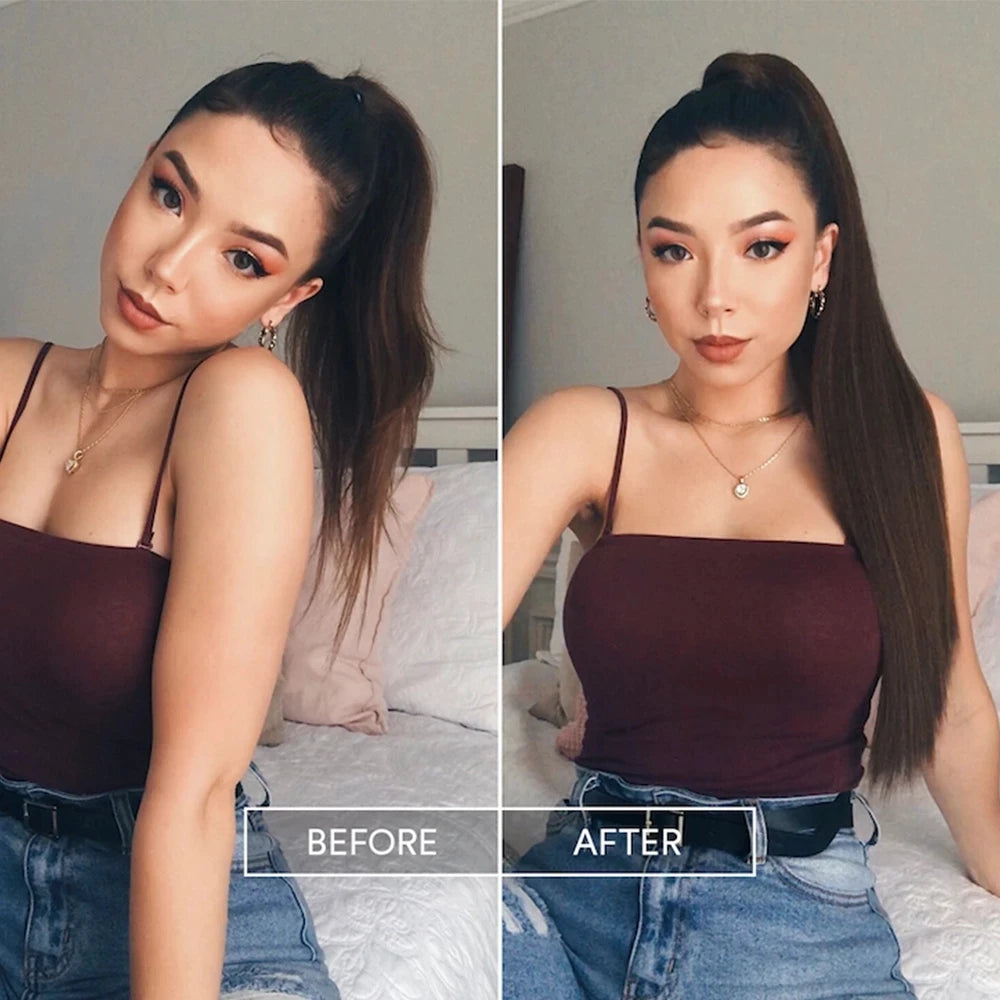 Before and after comparison of a wrap-around clip-in ponytail extension for women