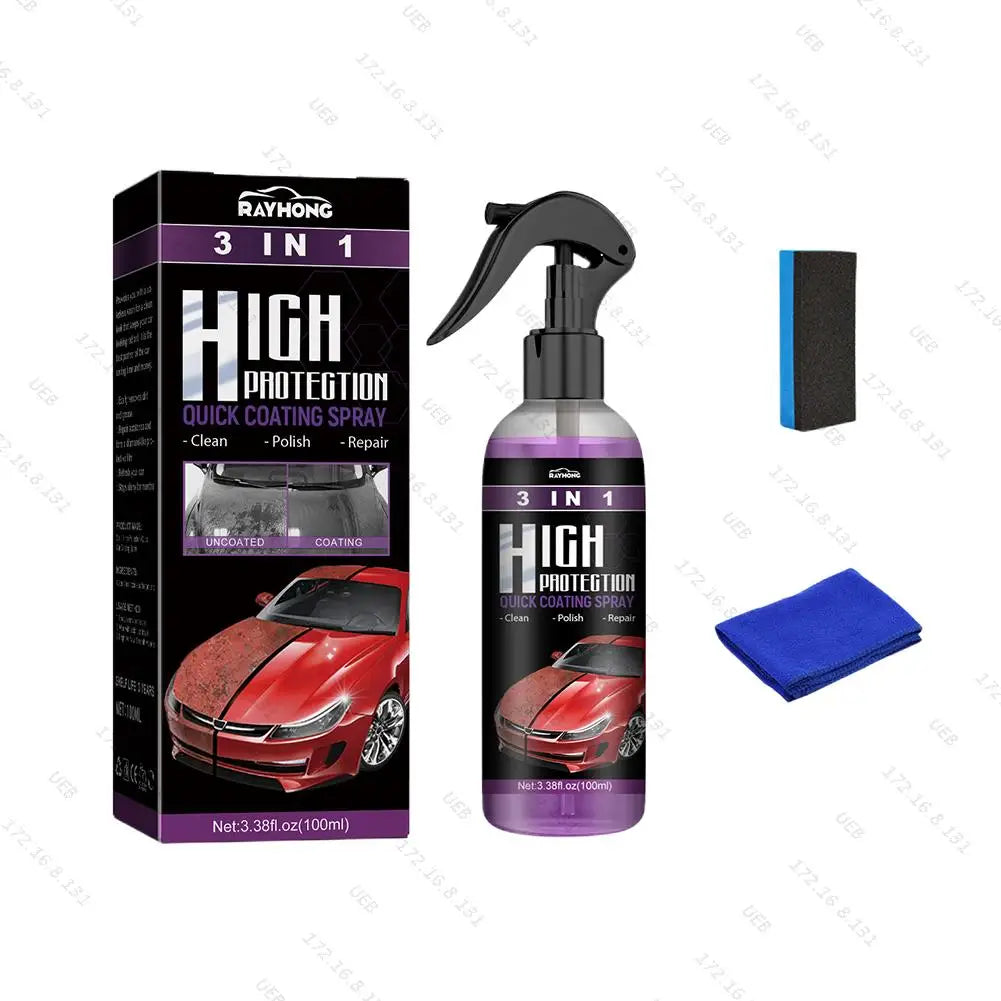 A bottle of Rayhong 3 in 1 High Protection quick coating spray for cars with a black applicator and a blue cleaning cloth.
