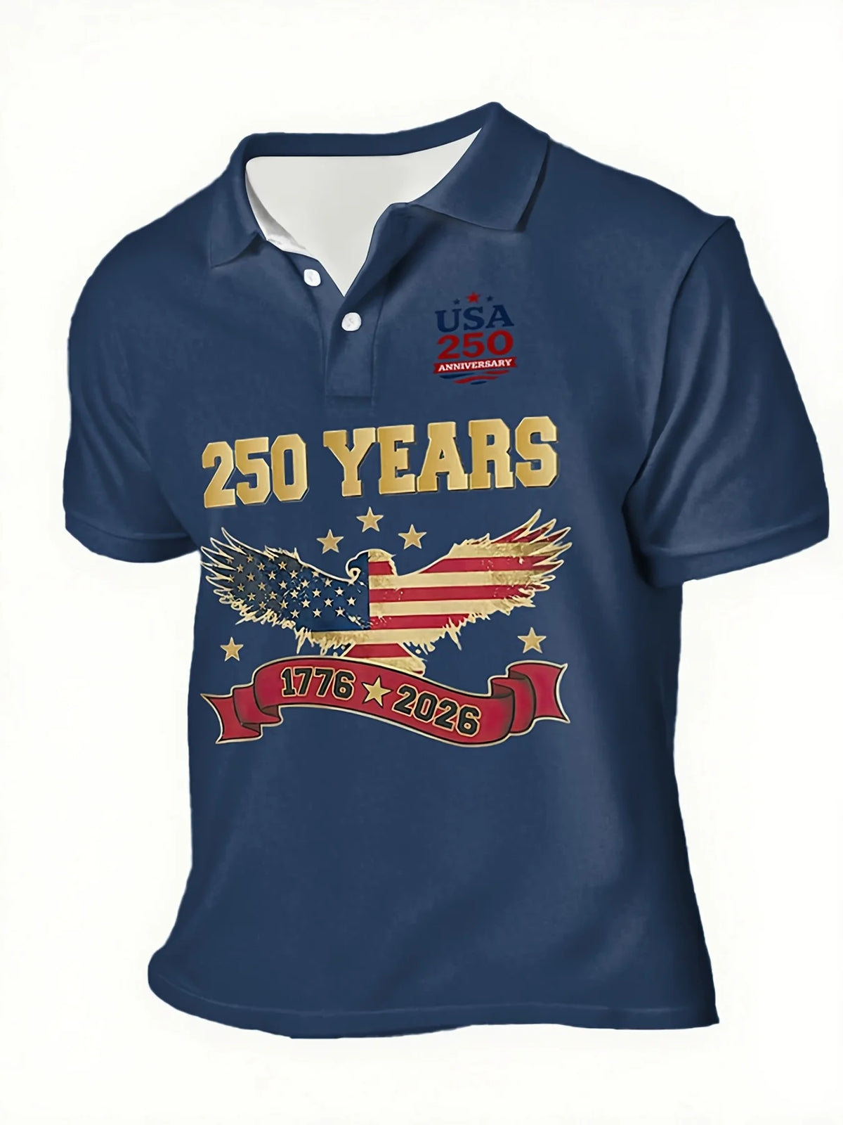Navy polo med grafikk som feirer USAs 250-årsjubileum med ørn og tekst.