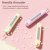 A set of 2-in-1 needle threaders shown in light green and lilac colors on a pink background.