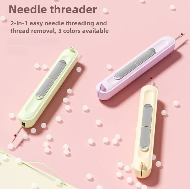 A set of 2-in-1 needle threaders shown in light green and lilac colors on a pink background.