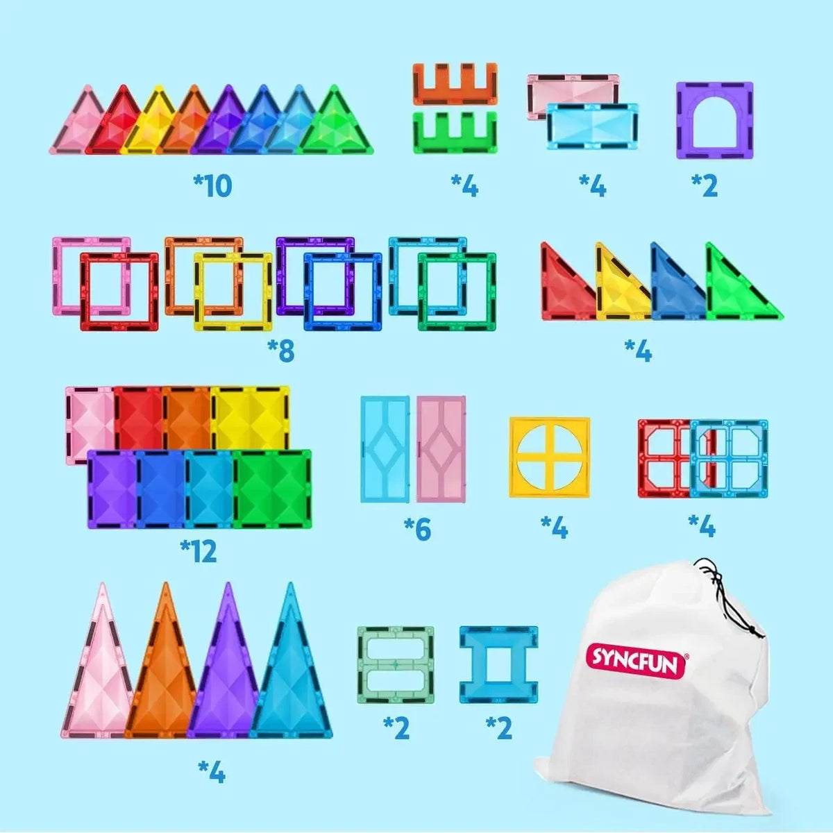 A collection of colorful magnetic building tiles and geometric shapes for a STEM toy set.