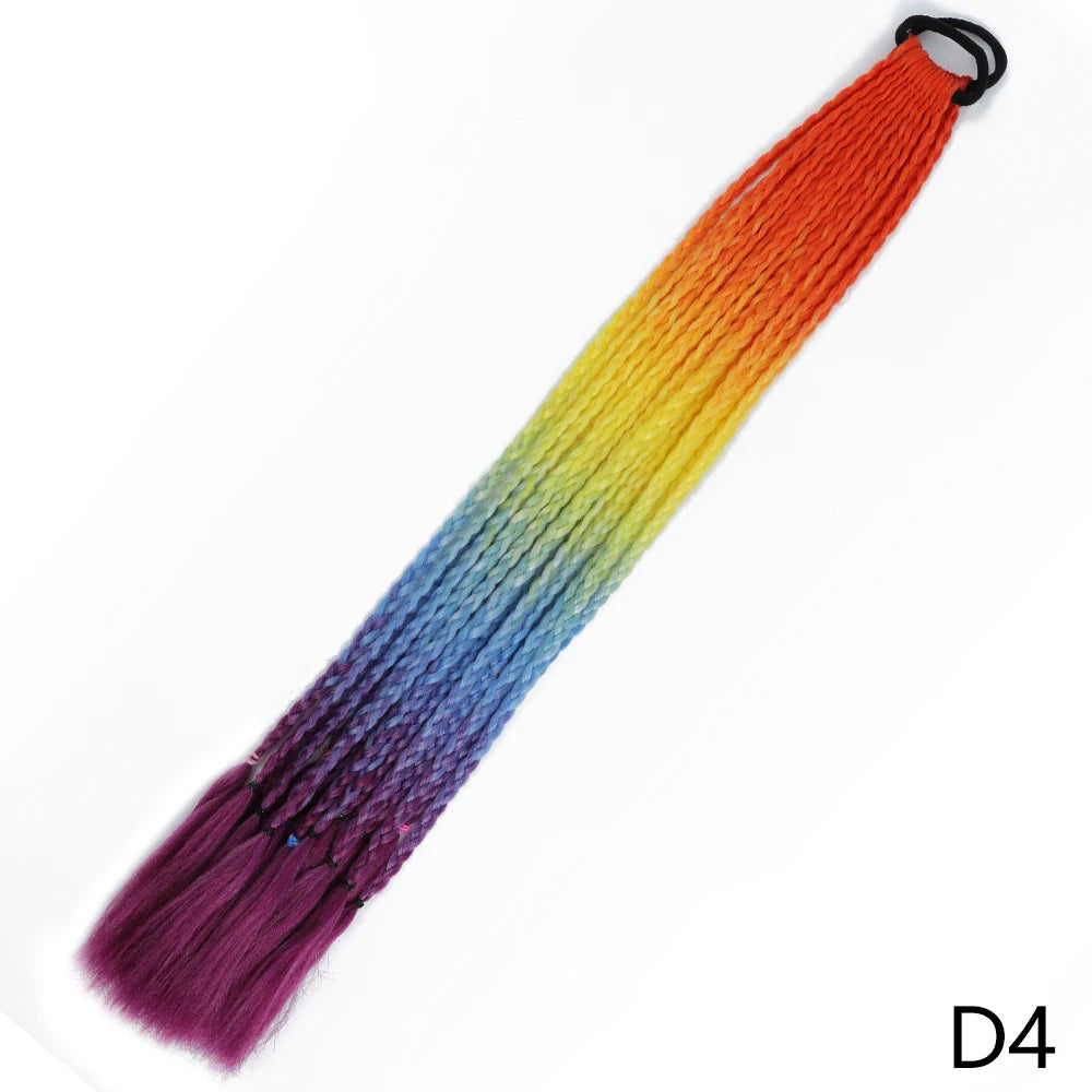A long, pre-braided ponytail extension featuring a vibrant gradient of orange, yellow, green, blue, and purple colors.