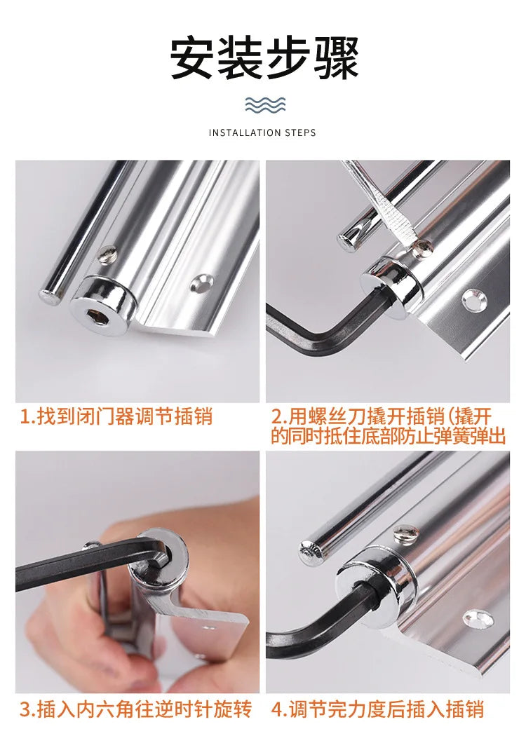 Installation steps for a stainless steel automatic door closer, showing the process of fitting and adjusting the mechanism.