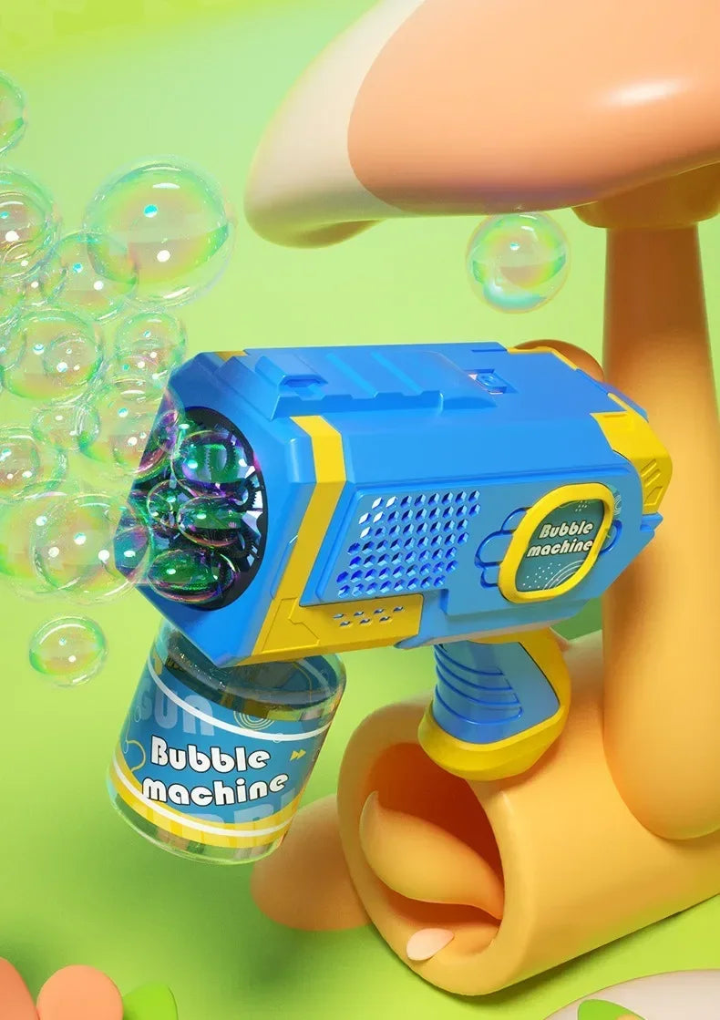 A bright blue electric bubble machine is held by a stylized, light orange hand against a lime green background.