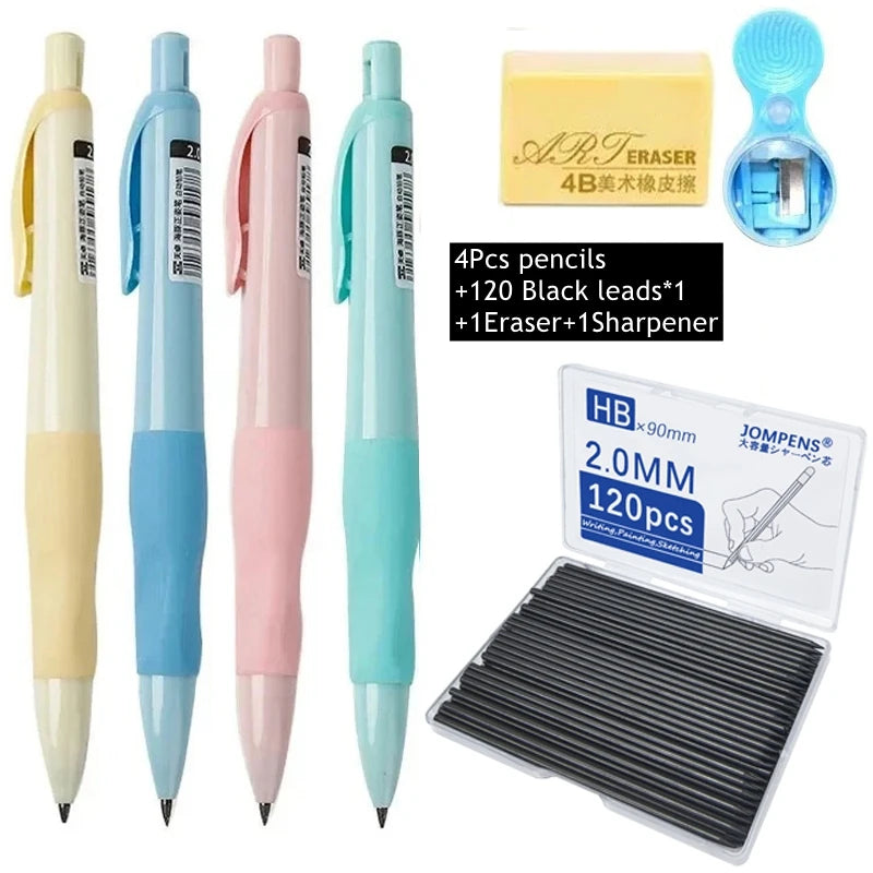 A set of 4 pencils, including a yellow, blue, pink, and teal pencil, with 120 black leads and an eraser.