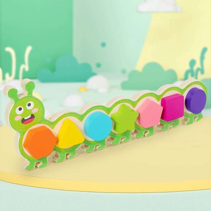 A colorful magnetic caterpillar puzzle toy featuring various shapes and colors for children's learning.