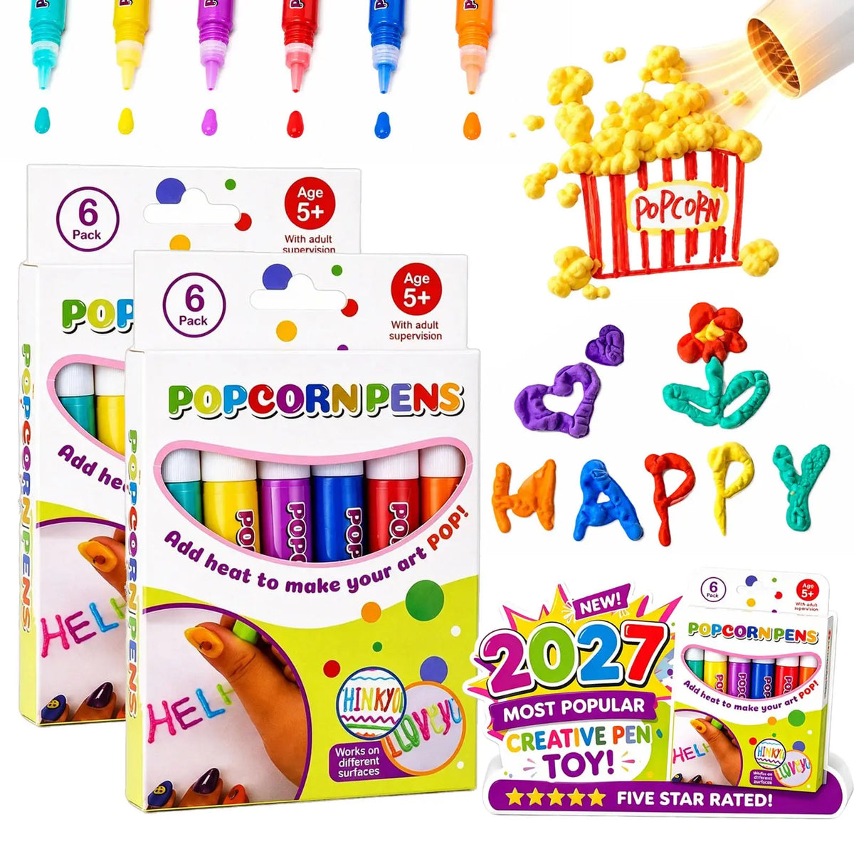 A set of colorful popcorn pens and related tools for drawing, crafts, and cards.