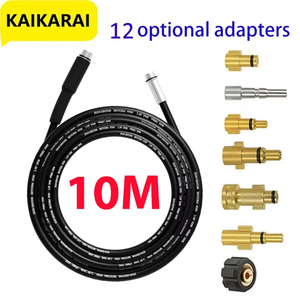Black 10 meter high-pressure sewer jetting hose kit with rotating nozzle and 12 optional adapters