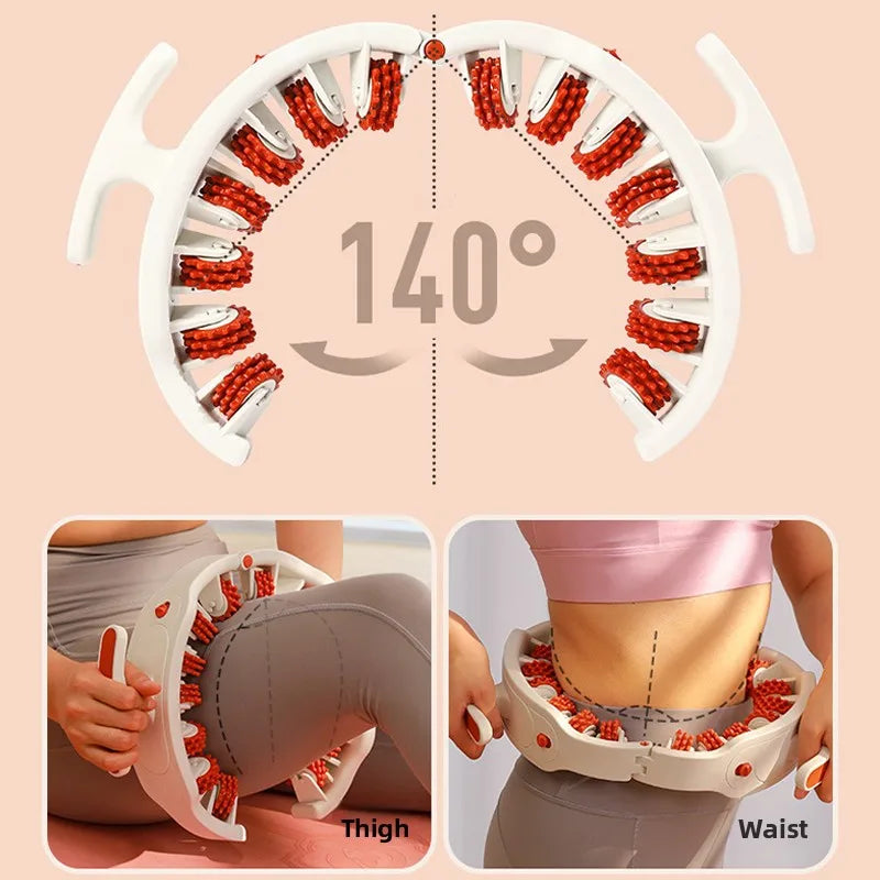 Full body massage roller with detachable handles shown for thigh and waist massage applications.
