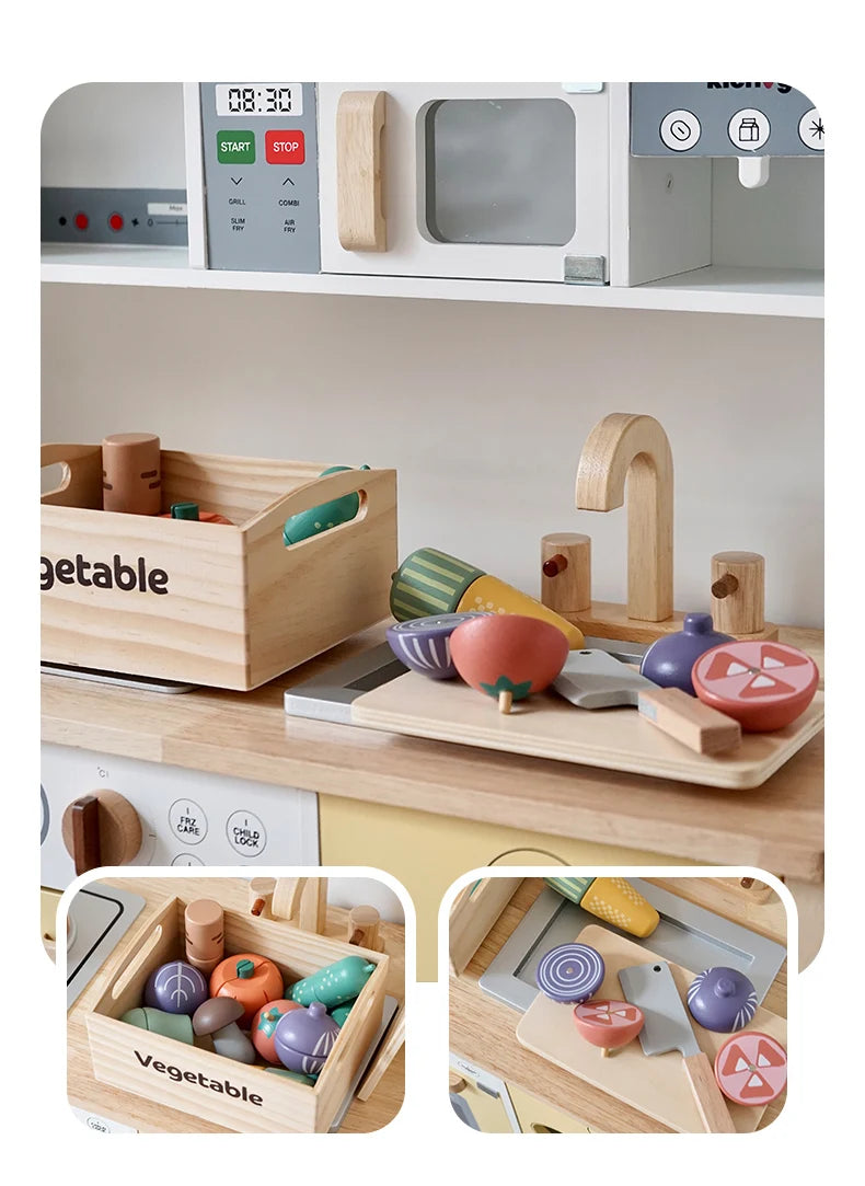A wooden pretend play food cutting set featuring various fruits and vegetables for children's play.