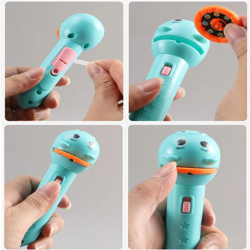 A turquoise kids projector flashlight is shown being held, with an orange lens visible on the top.