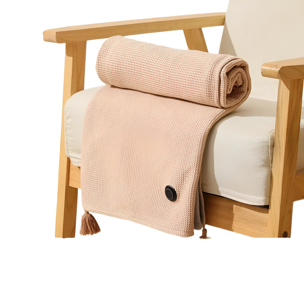 A beige knitted shawl draped over a wooden chair, showing the texture and fold of the fabric.