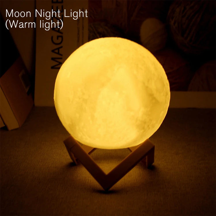 A glowing yellow moon light bulb resting on a wooden stand.