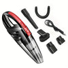 A black and red cordless handheld vacuum cleaner with various attachments shown on a white background.