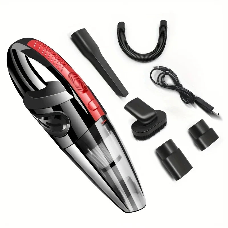 A black and red cordless handheld vacuum cleaner with various attachments shown on a white background.