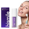 En flaske Hismile fargekorrigerende serum og en smilende modell som viser tannblekingsresultater.