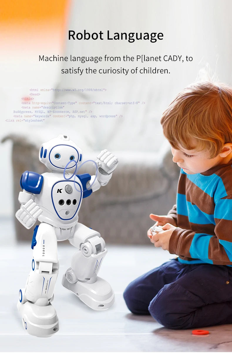 A child is interacting with a white robot toy that has gesture control features.