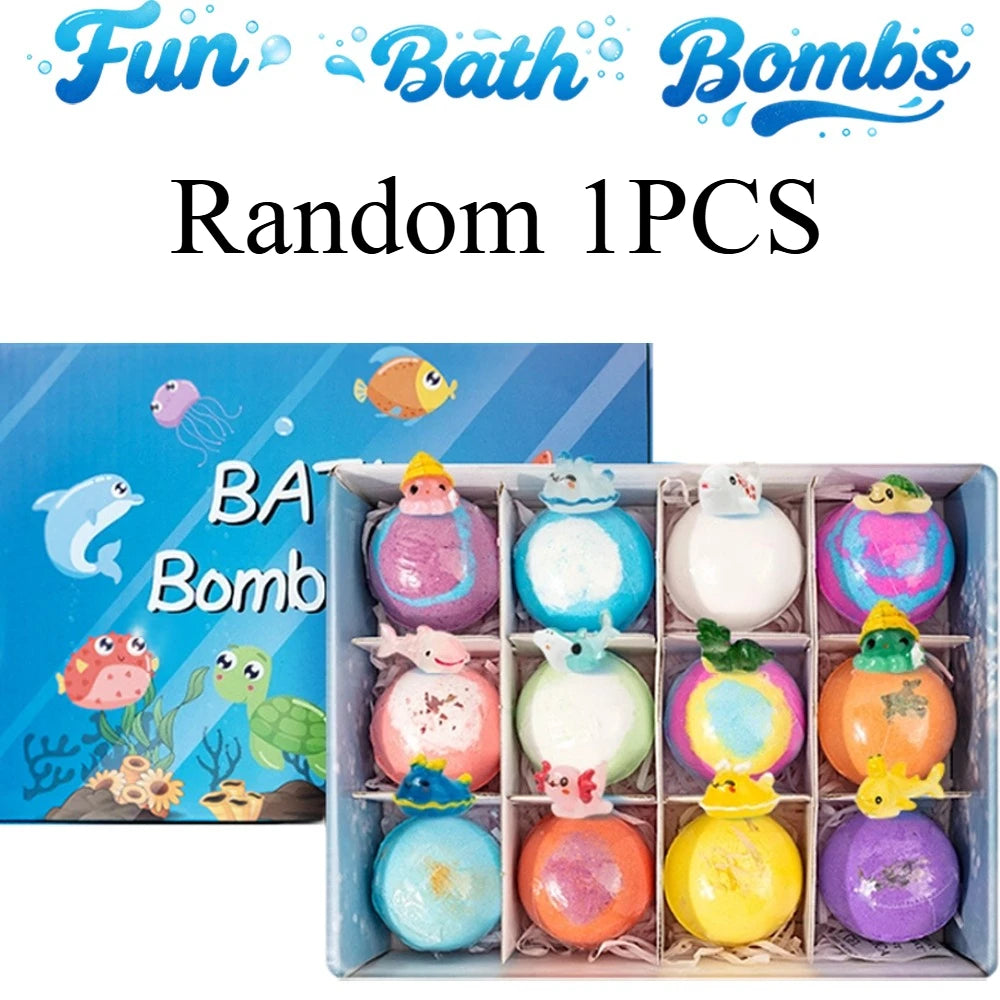 A box of random bath bombs containing various colored fizzies and bath bombs for kids and adults.