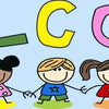 A row of diverse children holding hands, smiling and waving, in front of a light blue background.