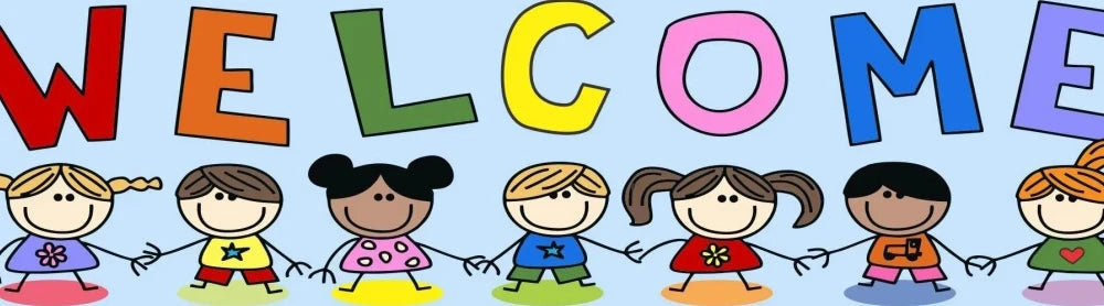 A row of diverse children holding hands, smiling and waving, in front of a light blue background.