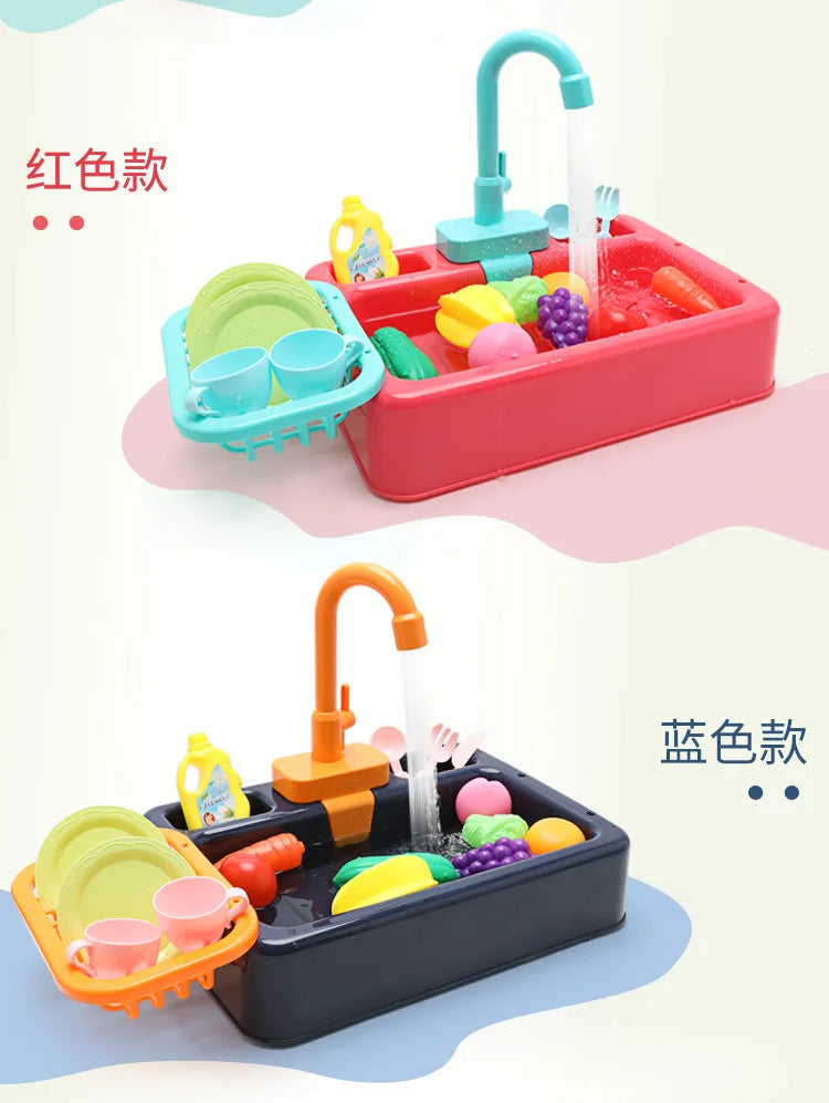 A red kids pretend play kitchen sink set with running water and various colorful food items.