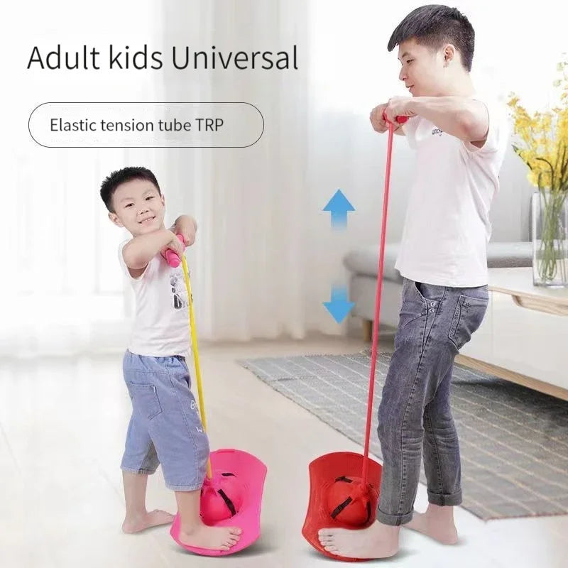 An adult is using an elastic tension tube to exercise a child, demonstrating universal fitness training.