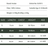 A size chart for a cotton baby sleeping sack showing dimensions like length, chest, height, and age for sizes S, M, and L.