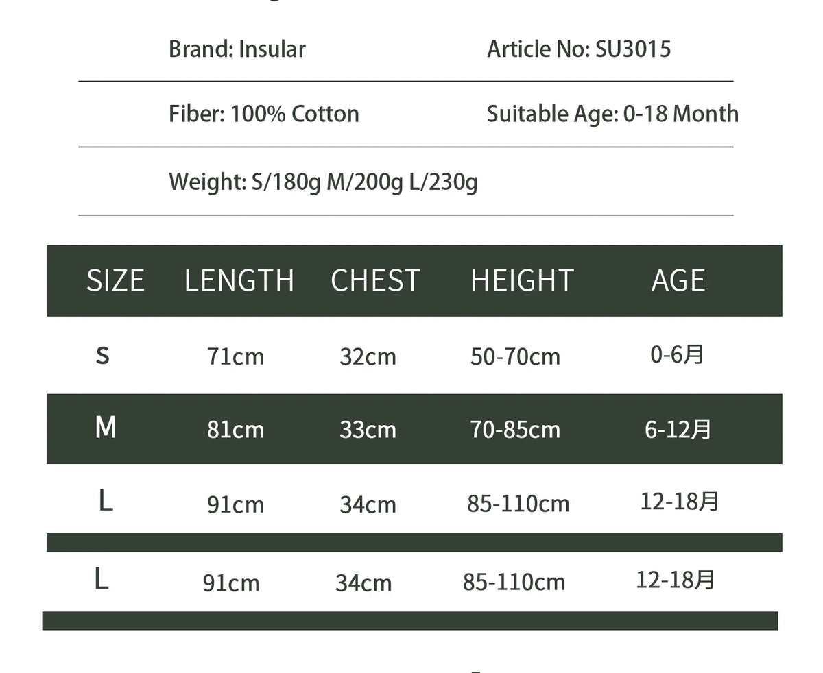 A size chart for a cotton baby sleeping sack showing dimensions like length, chest, height, and age for sizes S, M, and L.
