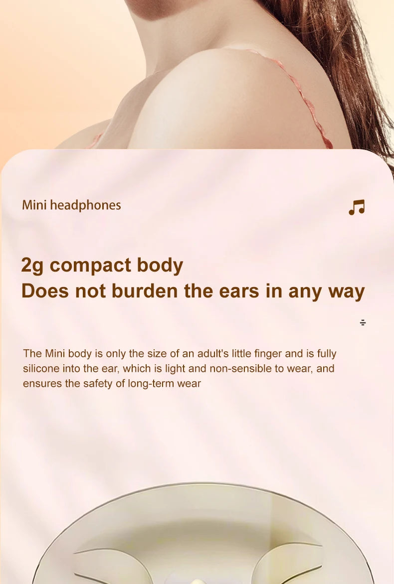 Close-up of a woman's ear showing a tiny silicone body of mini headphones designed for safe and comfortable wear.