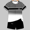 A black and white patterned short sleeve t-shirt and matching shorts set displayed on a hanger.