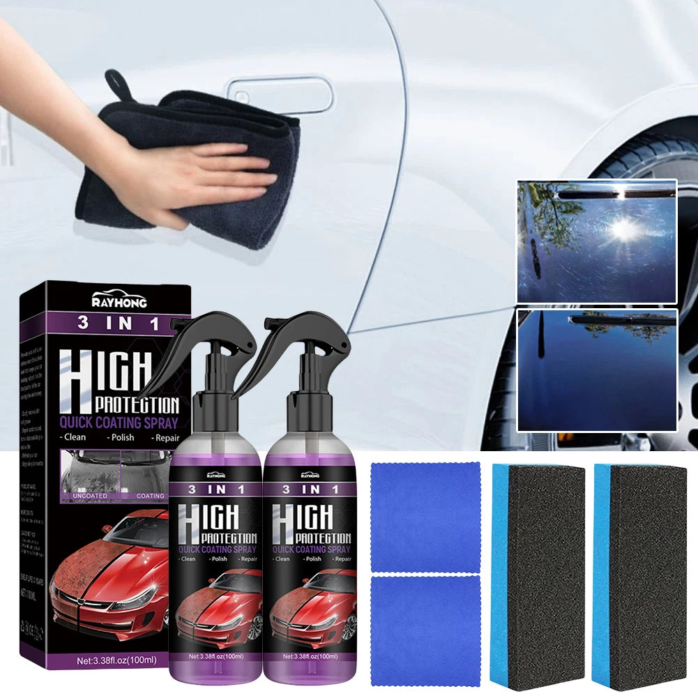 Spray bottle of 3-in-1 high protection quick coating spray for car paint next to a hand applying the coating.