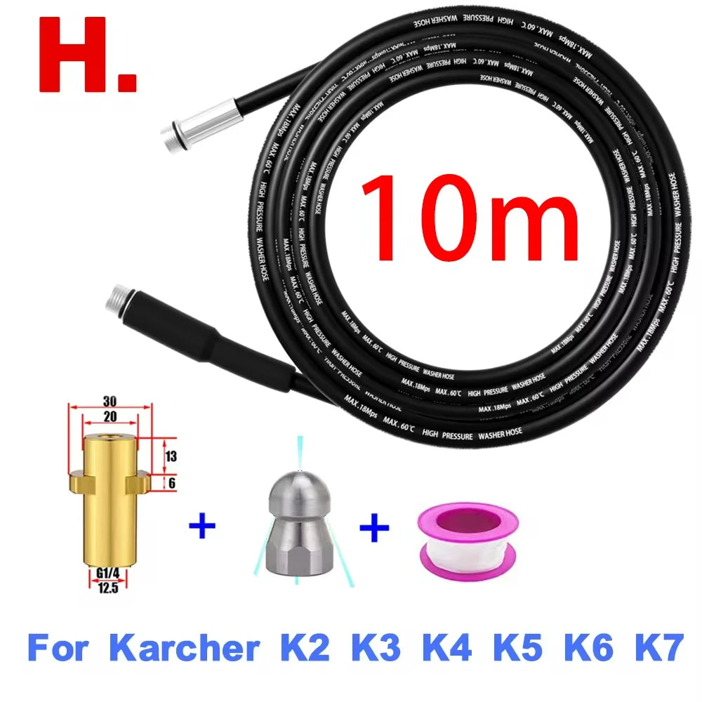 A black 10m high-pressure sewer jetting hose kit with a rotating nozzle and fittings for Karcher pressure washers.