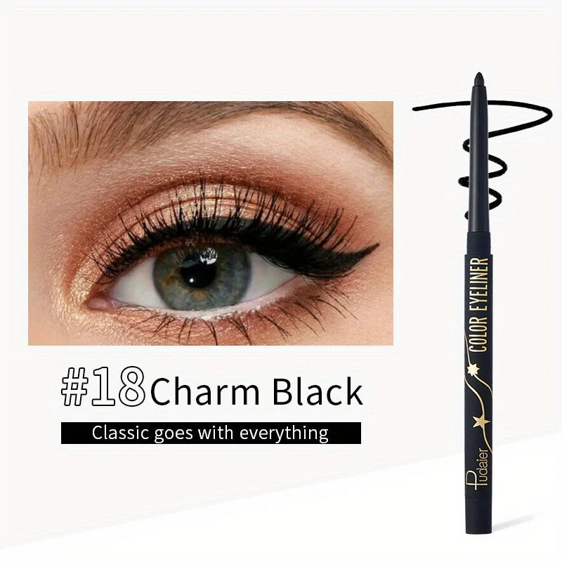 Lápiz delineador negro Charm Black junto a un ojo mostrando su aplicación.