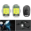Three views of wireless LED strobe lights for vehicles, including the light unit and a remote control.