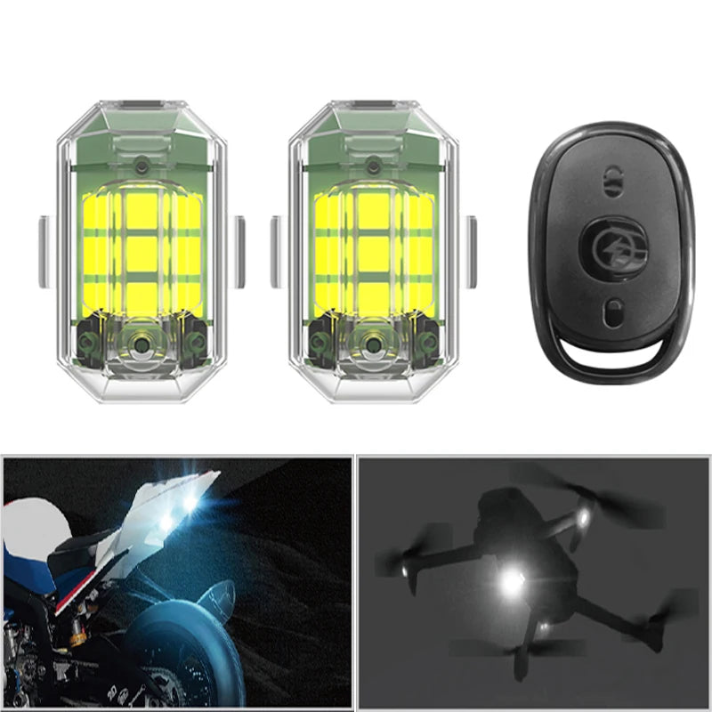 Three views of wireless LED strobe lights for vehicles, including the light unit and a remote control.