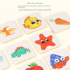 A set of wooden shadow matching puzzles featuring various colorful fruit and animal shapes for children.