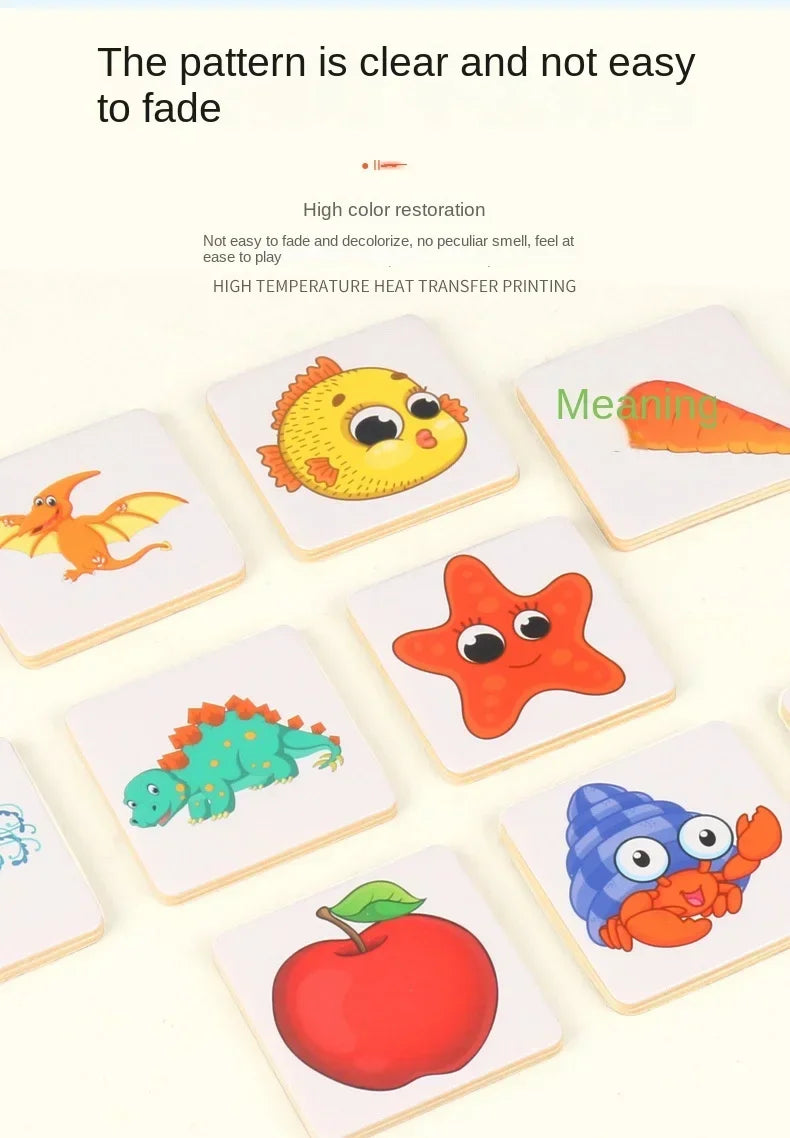 A set of wooden shadow matching puzzles featuring various colorful fruit and animal shapes for children.